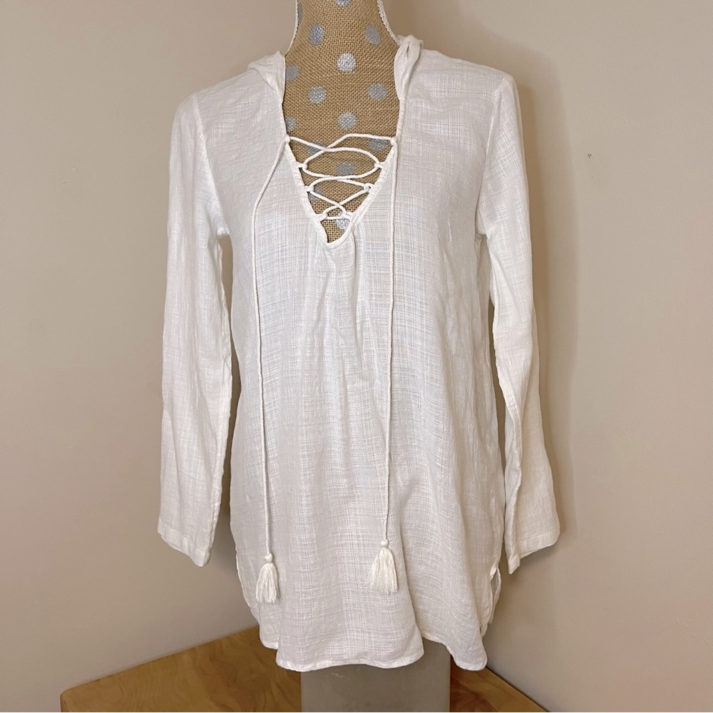 Billabong White Lace-up Neckline Hooded Coverup